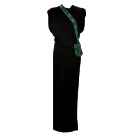 1940s Anita Modes Black Dress with Green Beaded and Appliquéd Purse