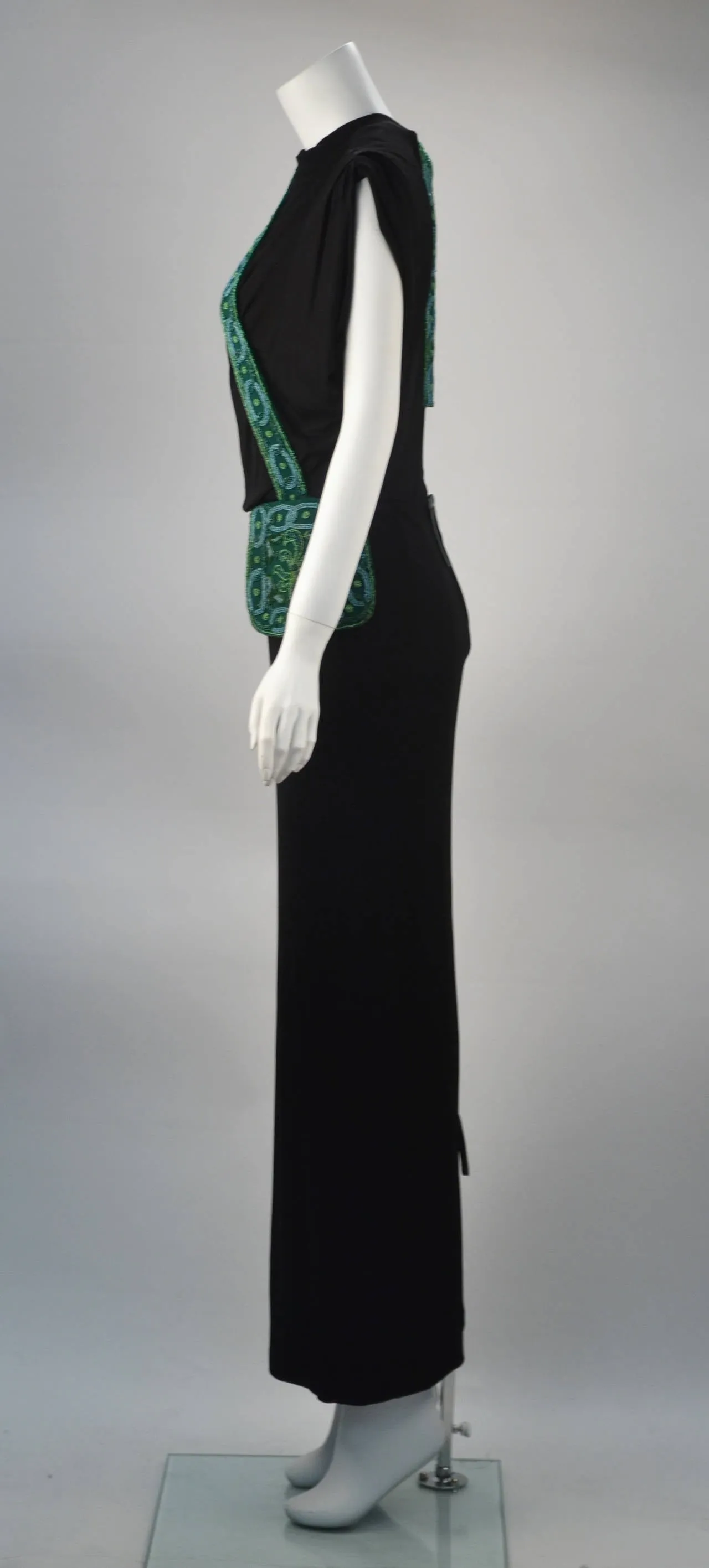 1940s Anita Modes Black Dress with Green Beaded and Appliquéd Purse