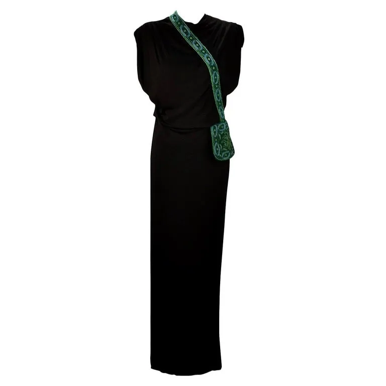 1940s Anita Modes Black Dress with Green Beaded and Appliquéd Purse