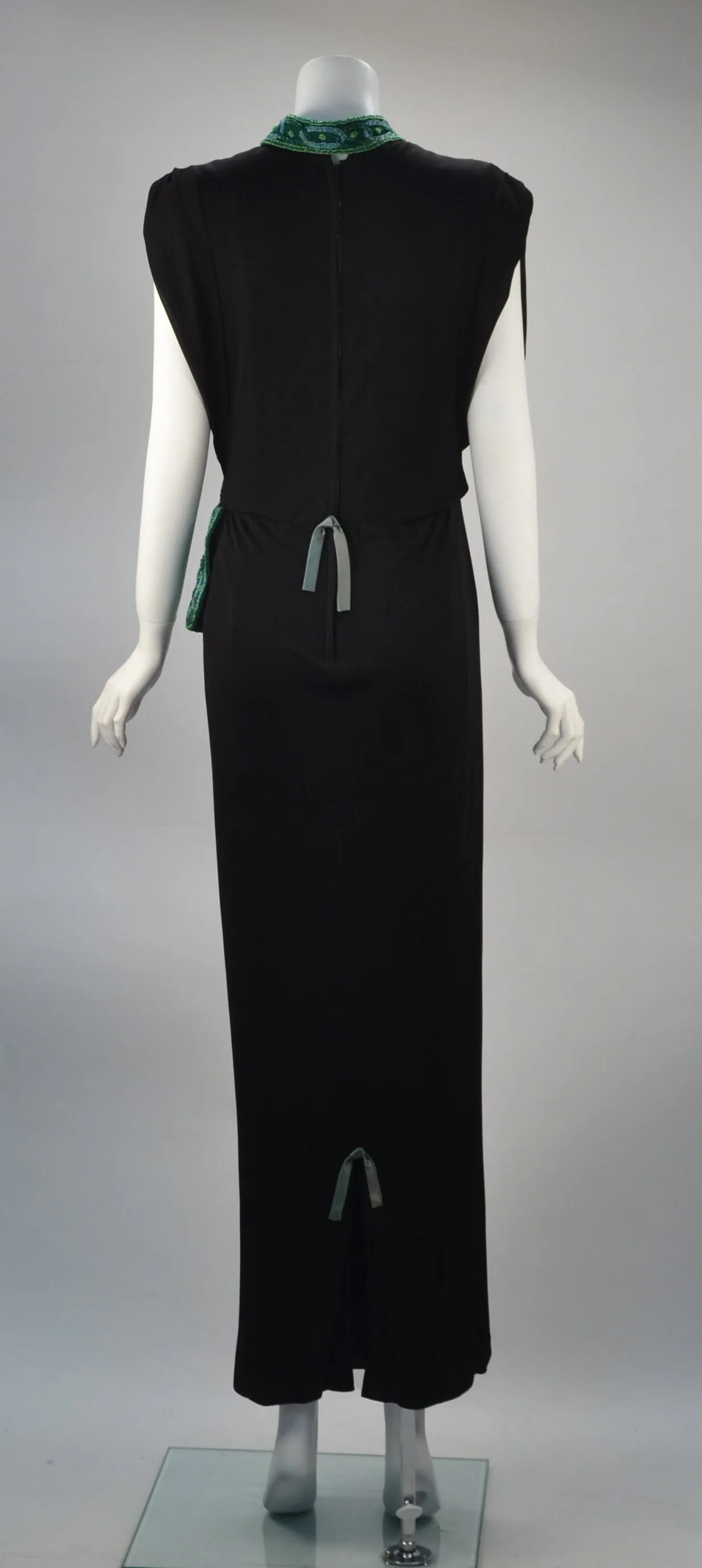 1940s Anita Modes Black Dress with Green Beaded and Appliquéd Purse