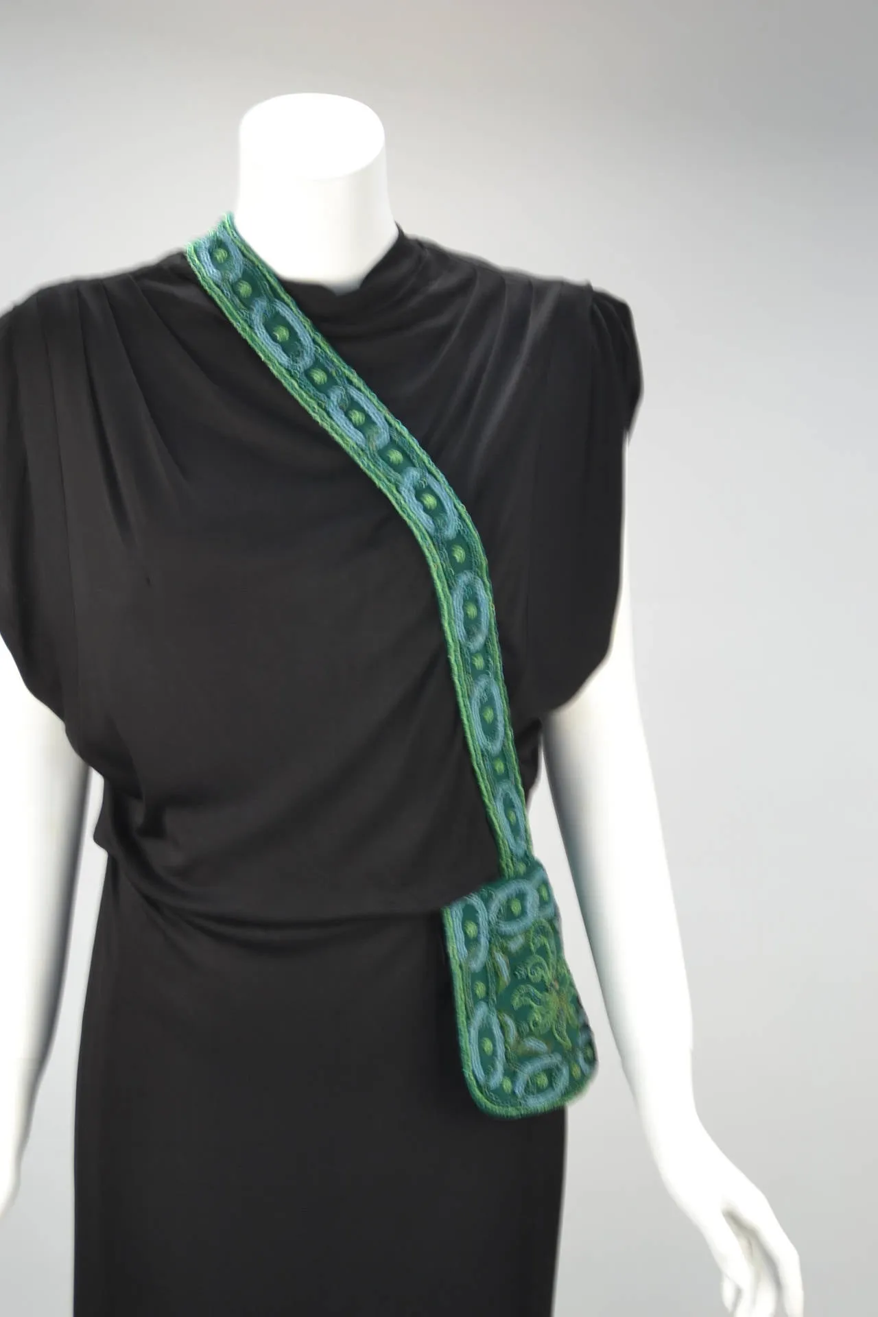 1940s Anita Modes Black Dress with Green Beaded and Appliquéd Purse
