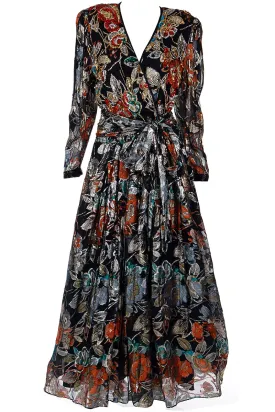 1980s Diane Freis Metallic Floral Evening Dress w/ Beads & Sequins