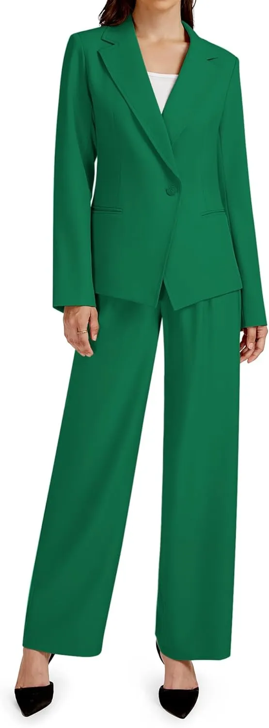 2 Piece Outfits for Women Business Casual Single Button Blazer Jacket and Wide Leg Pants Matching Suit Sets