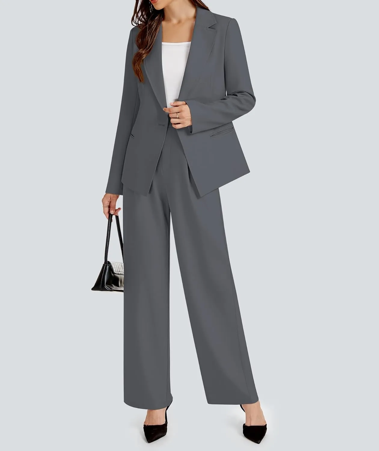 2 Piece Outfits for Women Business Casual Single Button Blazer Jacket and Wide Leg Pants Matching Suit Sets