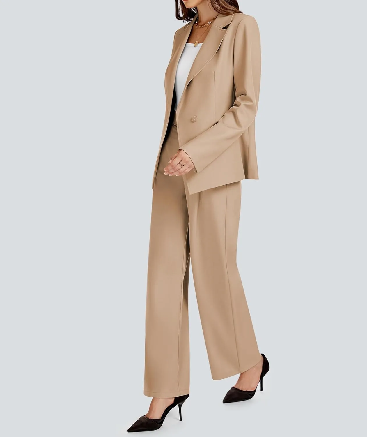 2 Piece Outfits for Women Business Casual Single Button Blazer Jacket and Wide Leg Pants Matching Suit Sets
