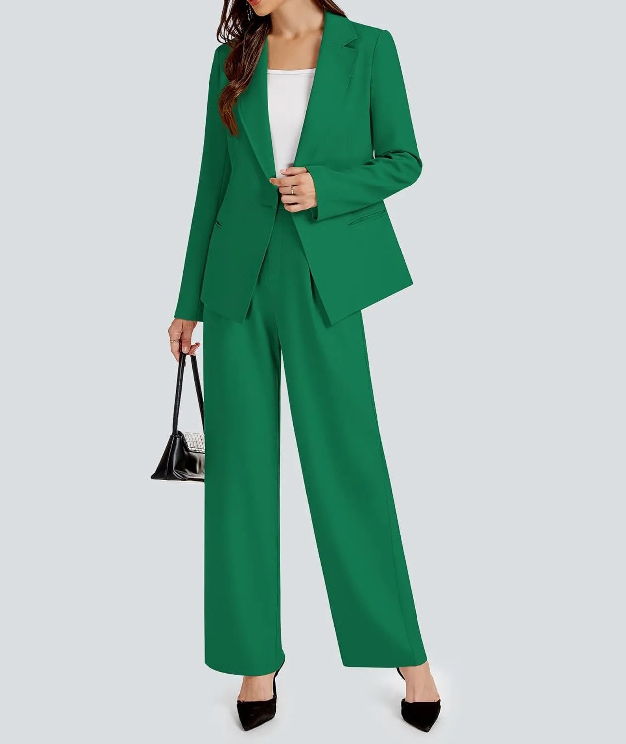 2 Piece Outfits for Women Business Casual Single Button Blazer Jacket and Wide Leg Pants Matching Suit Sets