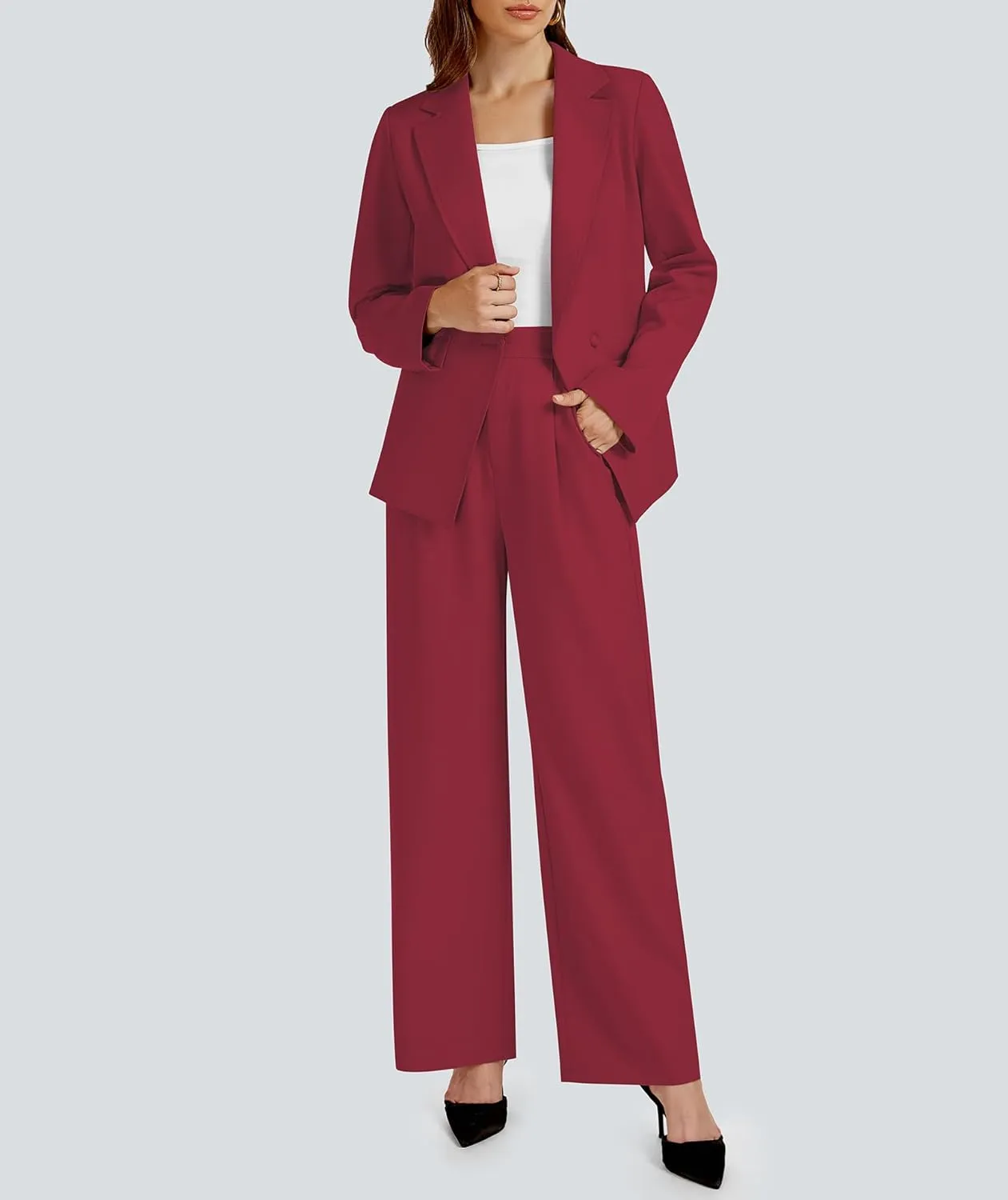 2 Piece Outfits for Women Business Casual Single Button Blazer Jacket and Wide Leg Pants Matching Suit Sets