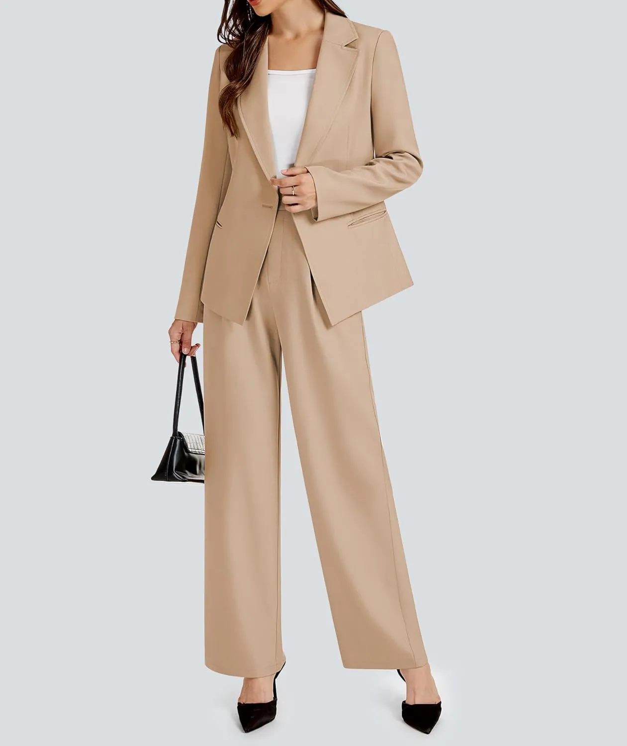 2 Piece Outfits for Women Business Casual Single Button Blazer Jacket and Wide Leg Pants Matching Suit Sets