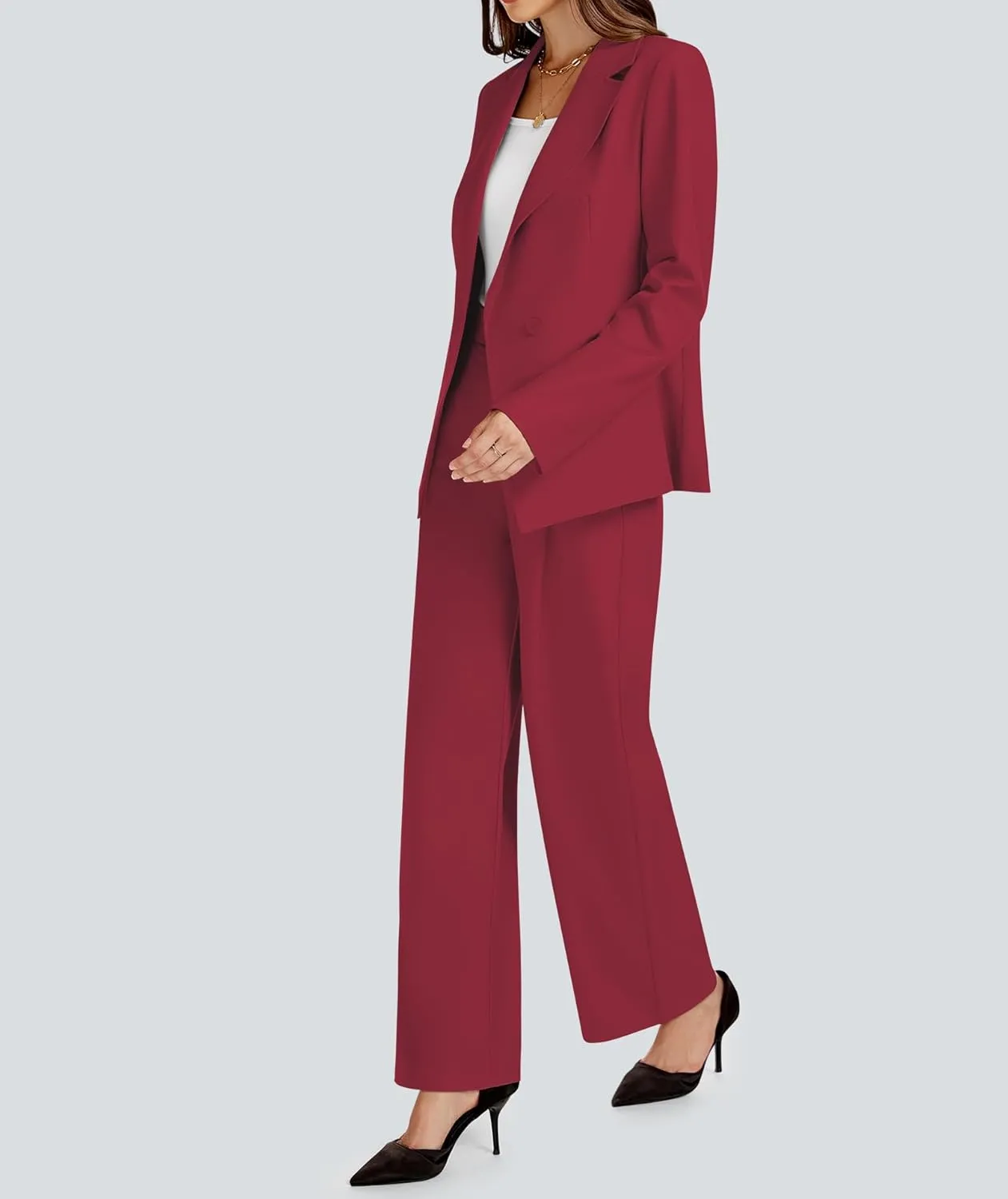 2 Piece Outfits for Women Business Casual Single Button Blazer Jacket and Wide Leg Pants Matching Suit Sets