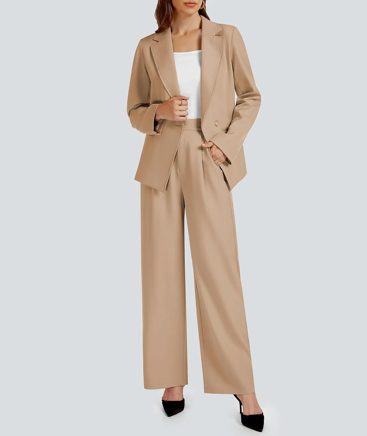2 Piece Outfits for Women Business Casual Single Button Blazer Jacket and Wide Leg Pants Matching Suit Sets
