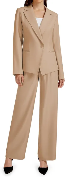2 Piece Outfits for Women Business Casual Single Button Blazer Jacket and Wide Leg Pants Matching Suit Sets