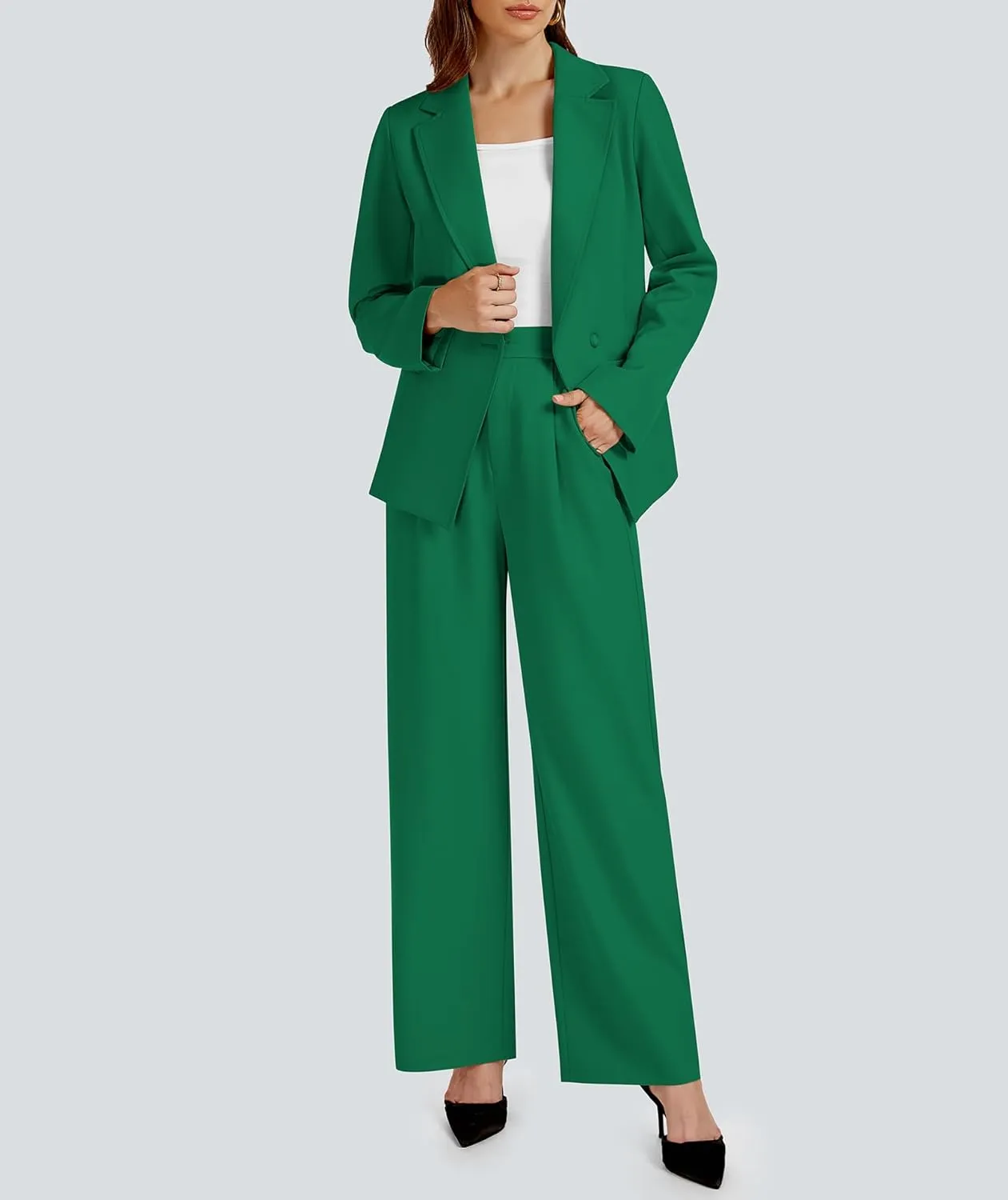 2 Piece Outfits for Women Business Casual Single Button Blazer Jacket and Wide Leg Pants Matching Suit Sets