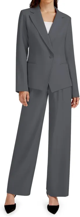 2 Piece Outfits for Women Business Casual Single Button Blazer Jacket and Wide Leg Pants Matching Suit Sets