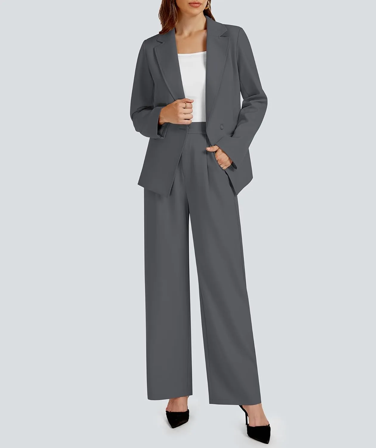 2 Piece Outfits for Women Business Casual Single Button Blazer Jacket and Wide Leg Pants Matching Suit Sets