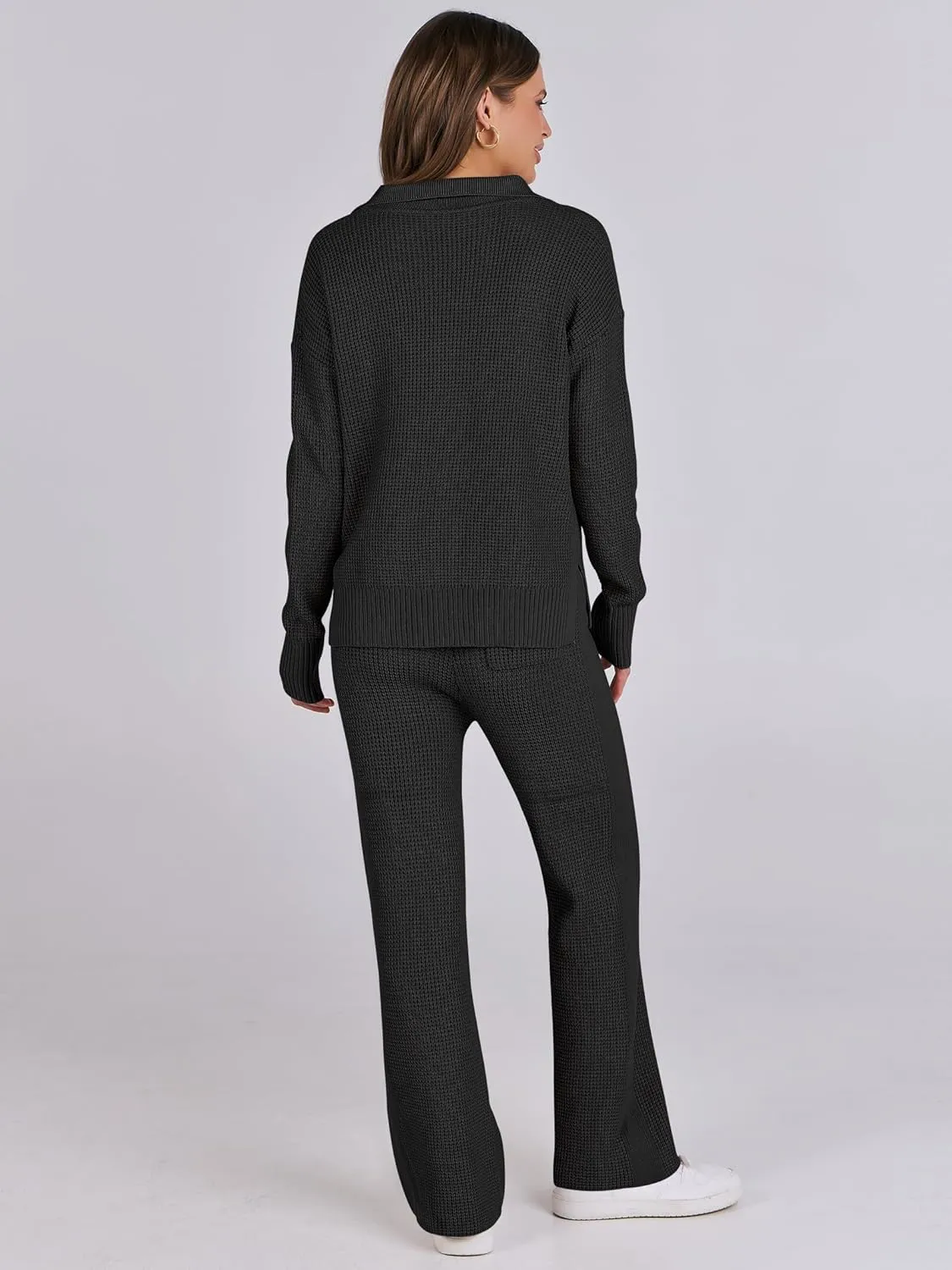 ANRABESS Womens Two Piece Outfits Sweater Sets Waffle Knit Pullover Wide Leg Pants Tracksuit Sweatsuits Matching Lounge Set