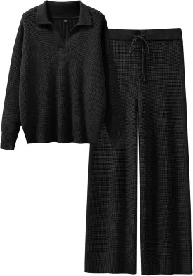 ANRABESS Womens Two Piece Outfits Sweater Sets Waffle Knit Pullover Wide Leg Pants Tracksuit Sweatsuits Matching Lounge Set