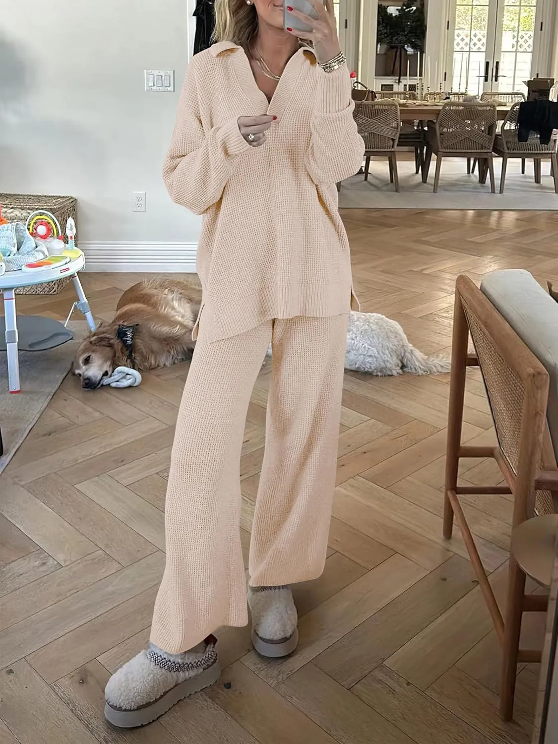 ANRABESS Womens Two Piece Outfits Sweater Sets Waffle Knit Pullover Wide Leg Pants Tracksuit Sweatsuits Matching Lounge Set