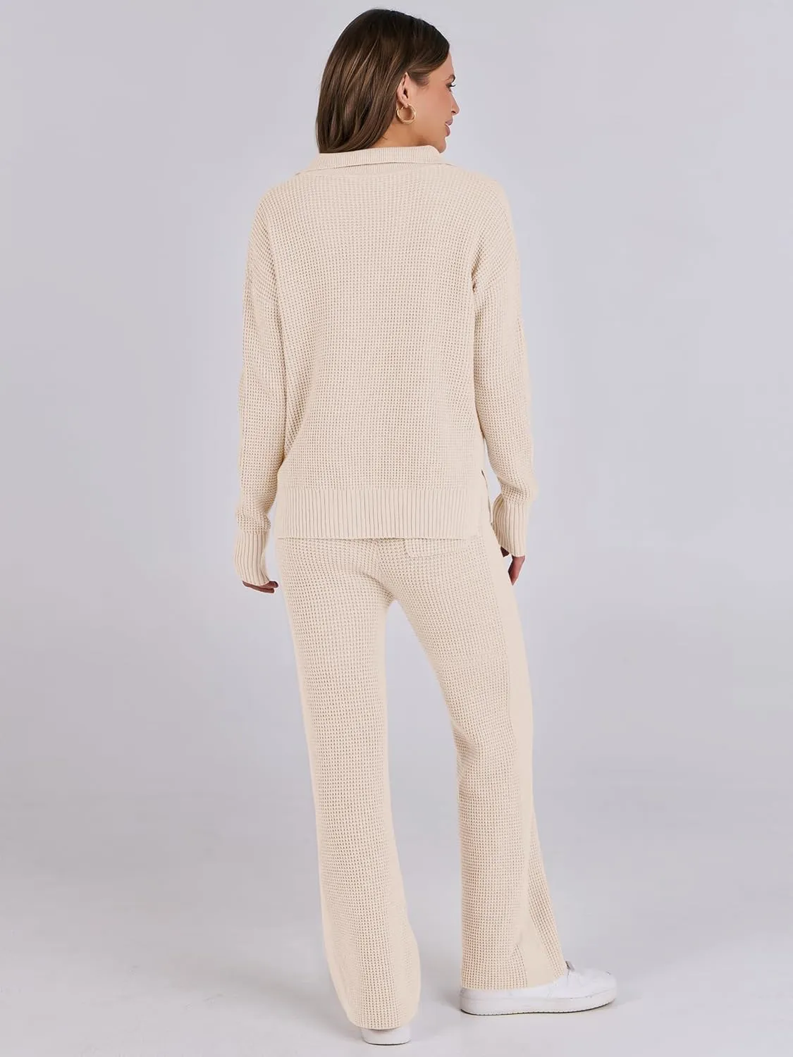 ANRABESS Womens Two Piece Outfits Sweater Sets Waffle Knit Pullover Wide Leg Pants Tracksuit Sweatsuits Matching Lounge Set