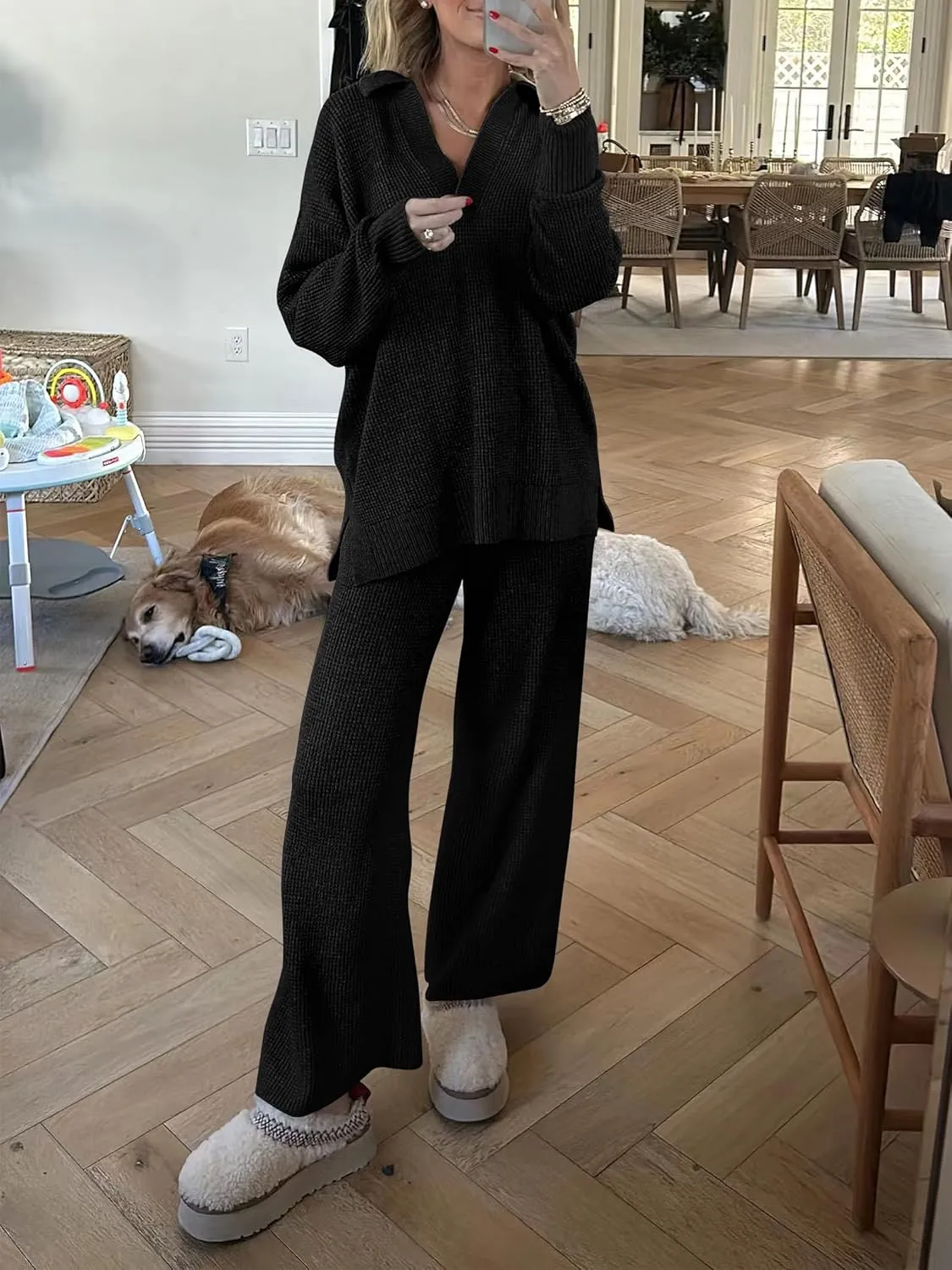 ANRABESS Womens Two Piece Outfits Sweater Sets Waffle Knit Pullover Wide Leg Pants Tracksuit Sweatsuits Matching Lounge Set