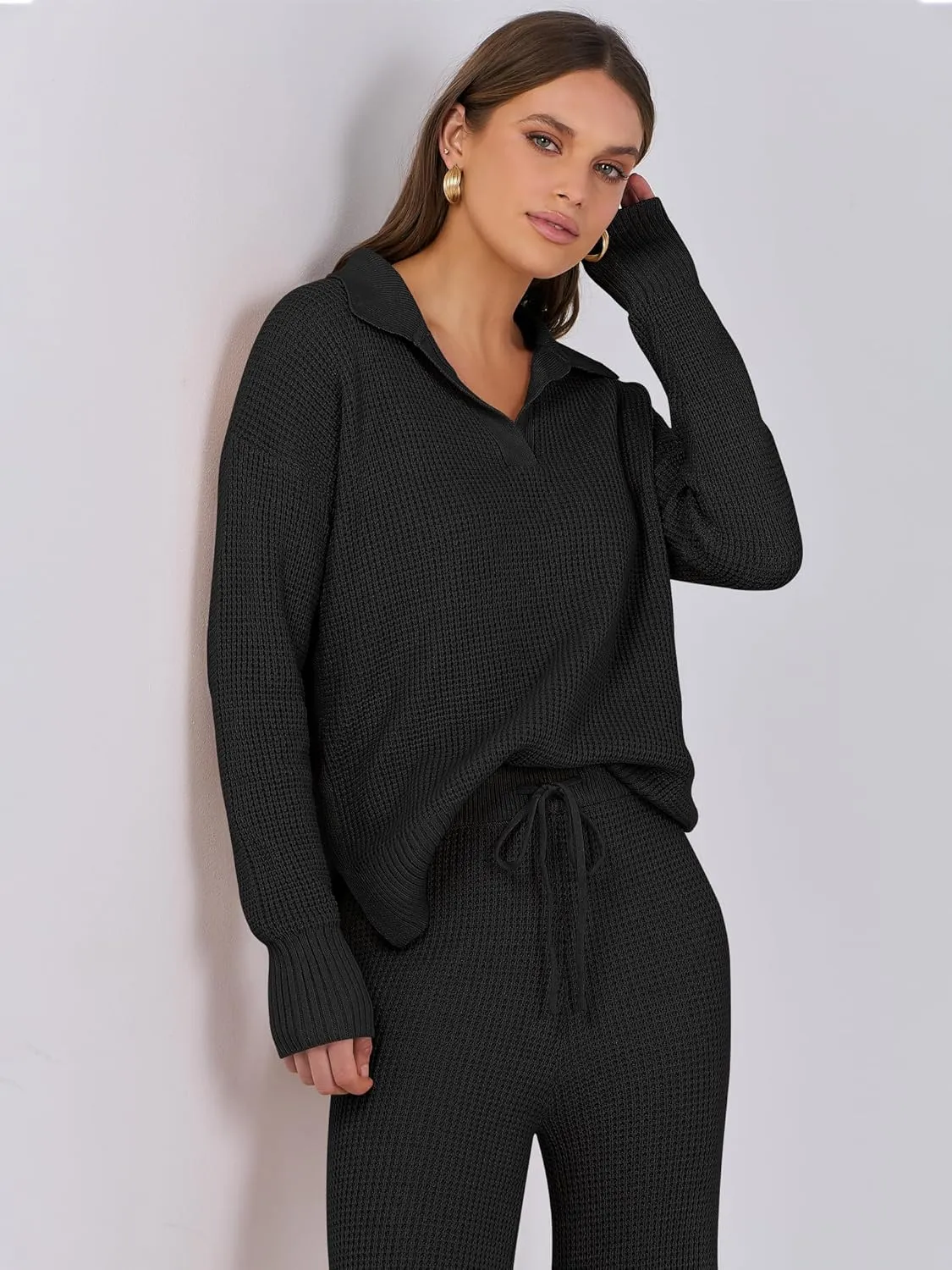 ANRABESS Womens Two Piece Outfits Sweater Sets Waffle Knit Pullover Wide Leg Pants Tracksuit Sweatsuits Matching Lounge Set