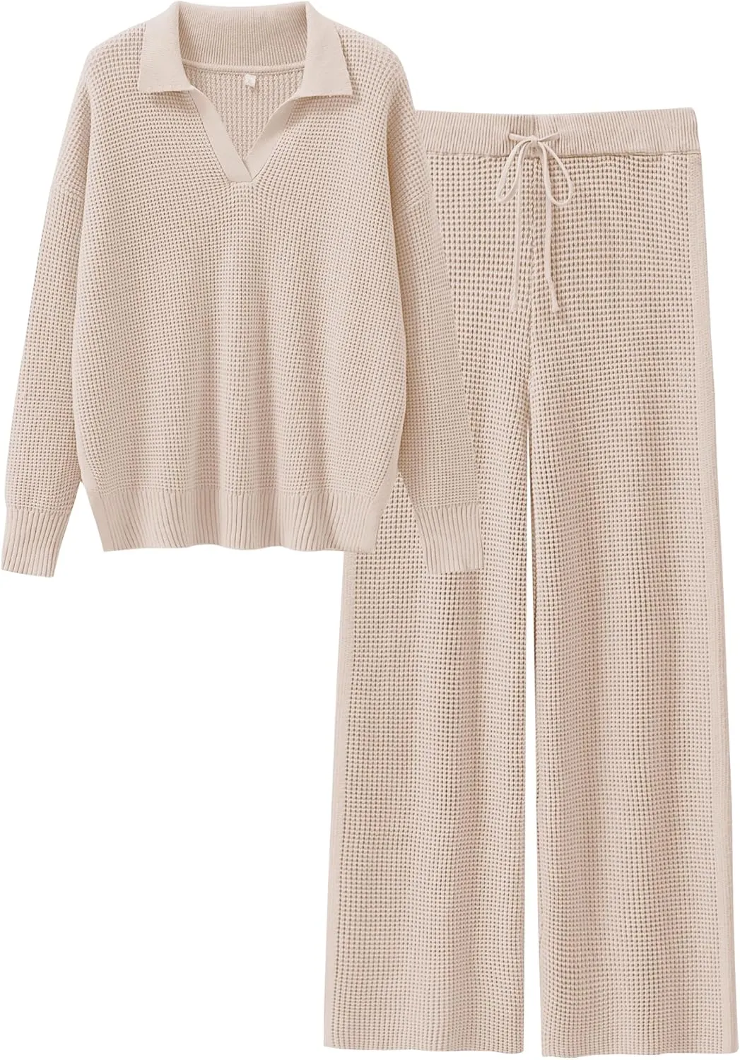 ANRABESS Womens Two Piece Outfits Sweater Sets Waffle Knit Pullover Wide Leg Pants Tracksuit Sweatsuits Matching Lounge Set