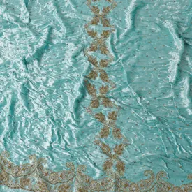 Arctic blue Rayon velvet fabric with metallic silver zardozi work, green , white and  orange stone work, green beads in fancy design