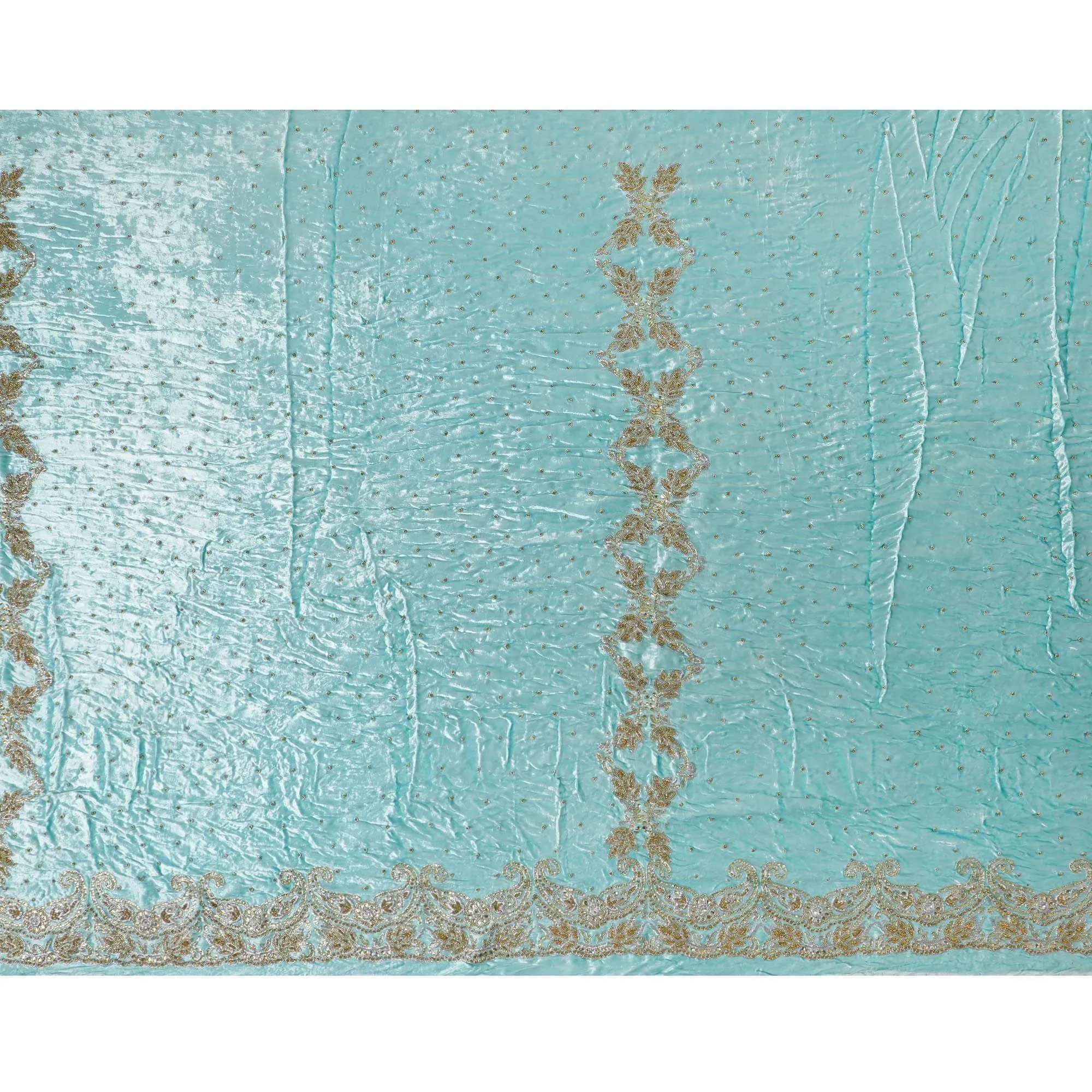 Arctic blue Rayon velvet fabric with metallic silver zardozi work, green , white and  orange stone work, green beads in fancy design