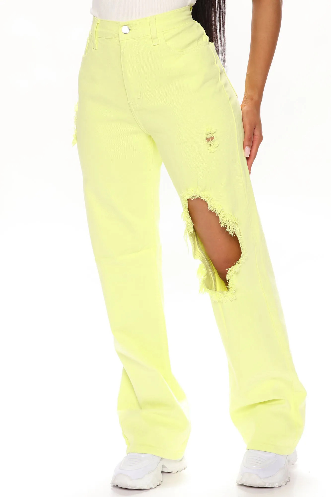 Arm Candy High Rise Ripped Straight Leg Jeans - Lime