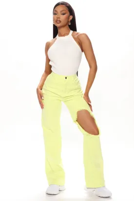 Arm Candy High Rise Ripped Straight Leg Jeans - Lime