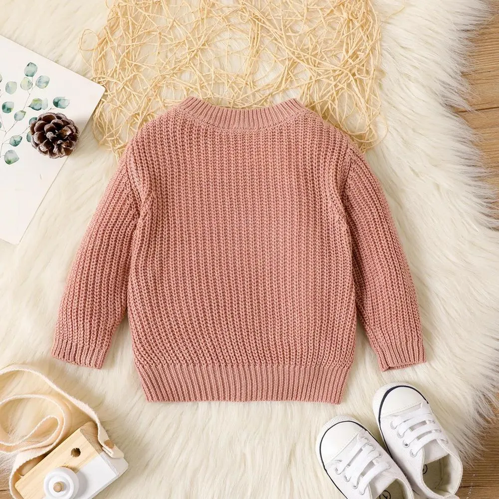 Baby Girl Button Decor Solid Long-sleeve Cable Knit Pullover Sweater 20462048