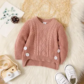 Baby Girl Button Decor Solid Long-sleeve Cable Knit Pullover Sweater 20462048