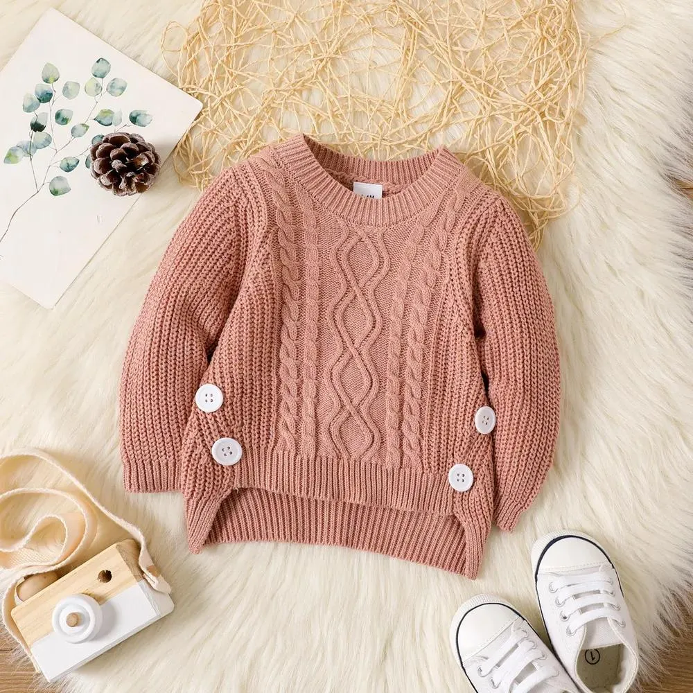 Baby Girl Button Decor Solid Long-sleeve Cable Knit Pullover Sweater 20462048
