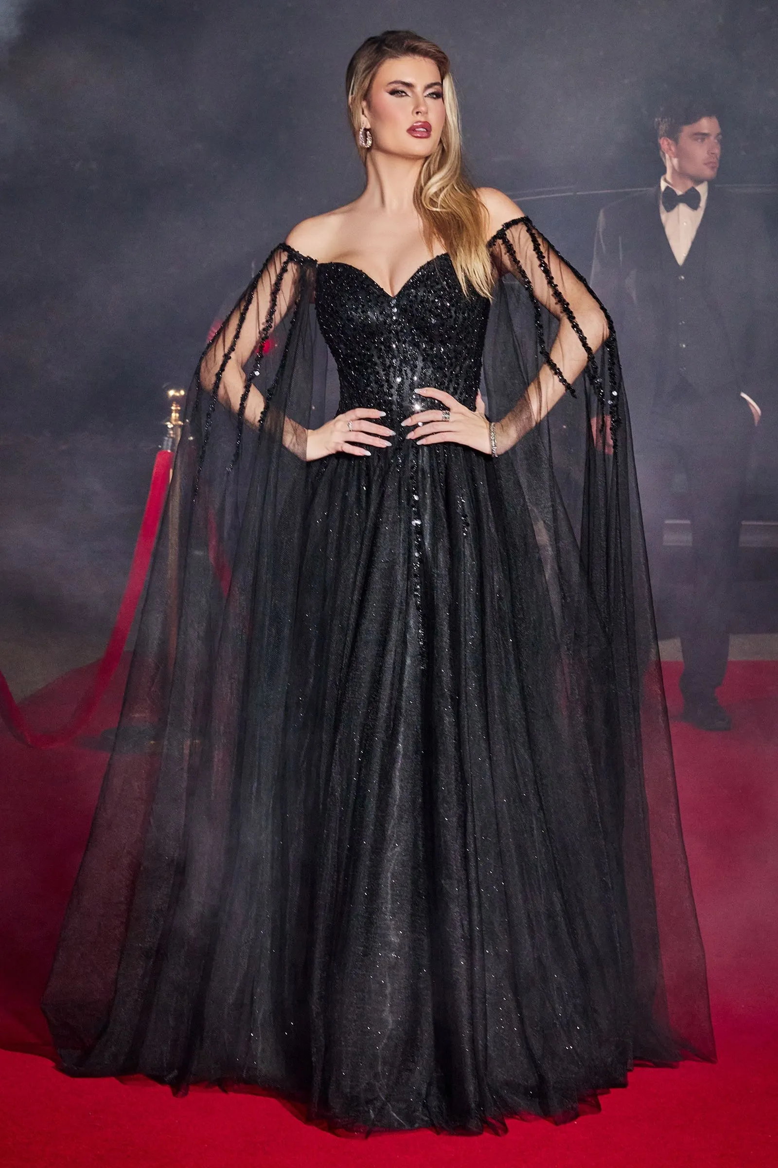 BEADED A-LINE WITH CAPE SLEEVES CDCD0204