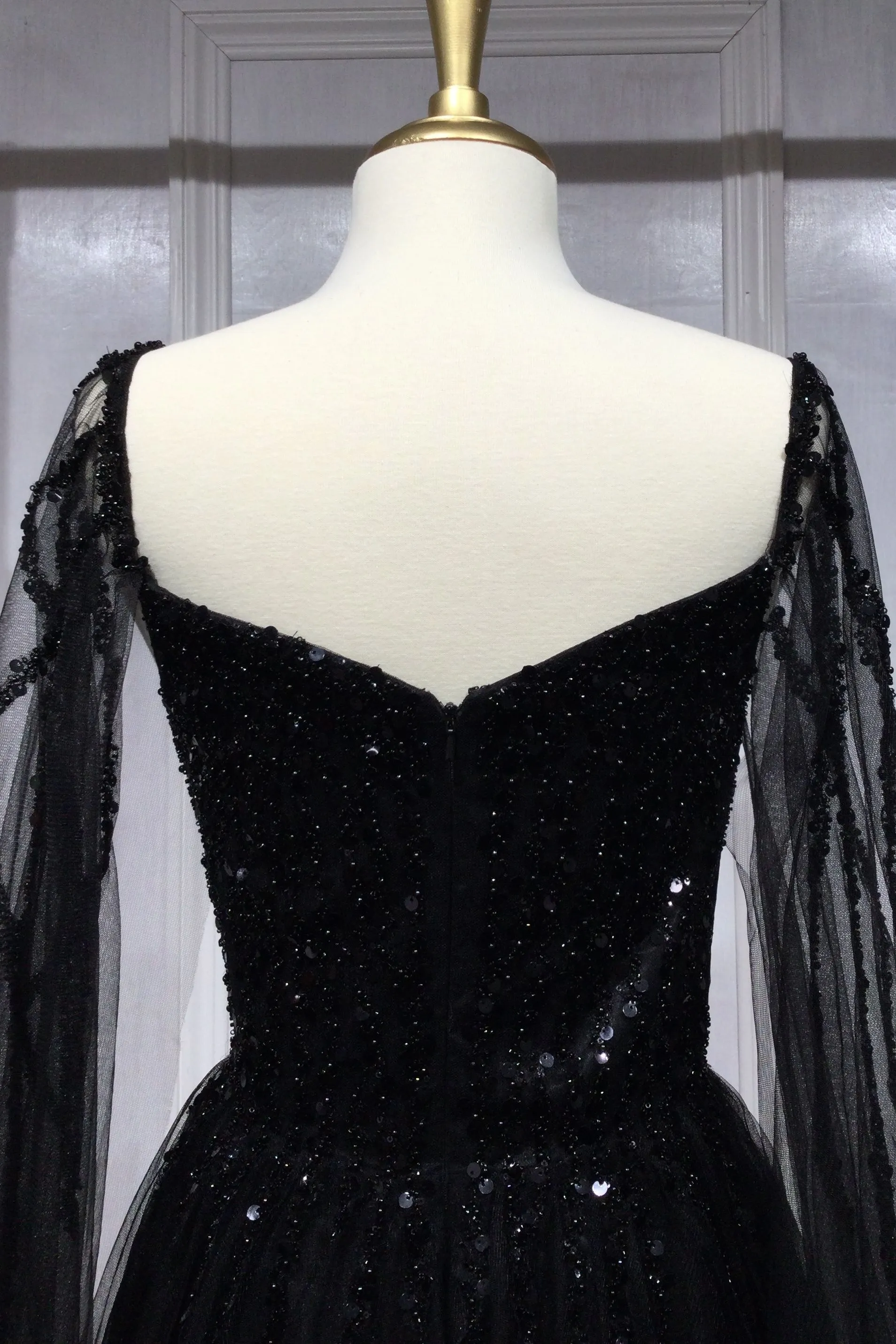 BEADED A-LINE WITH CAPE SLEEVES CDCD0204