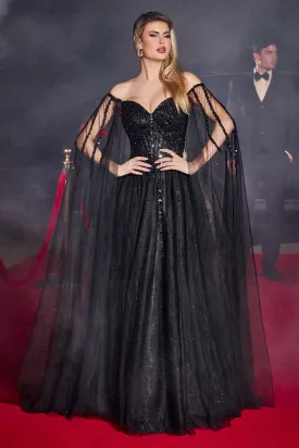 BEADED A-LINE WITH CAPE SLEEVES CDCD0204