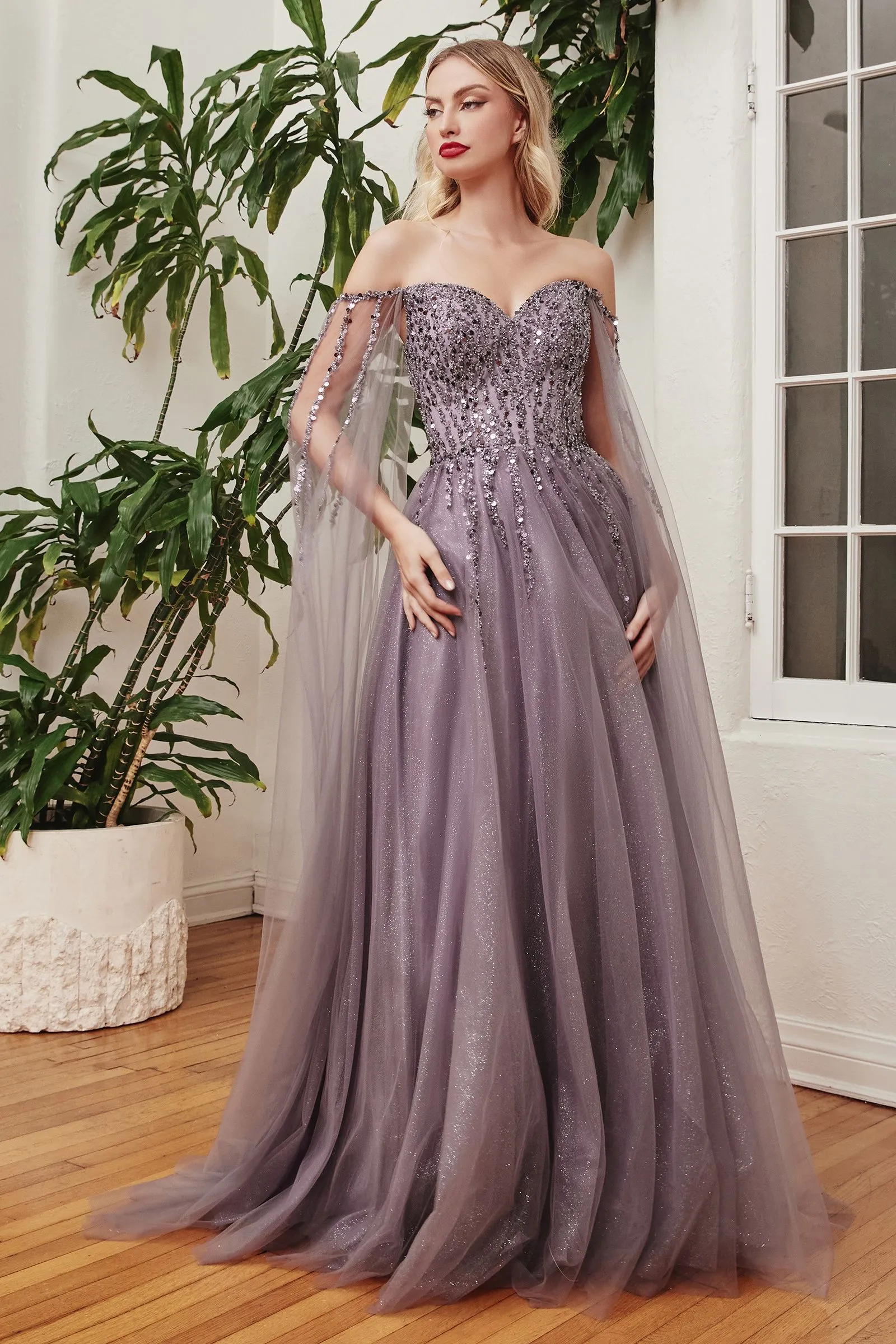 BEADED A-LINE WITH CAPE SLEEVES CDCD0204