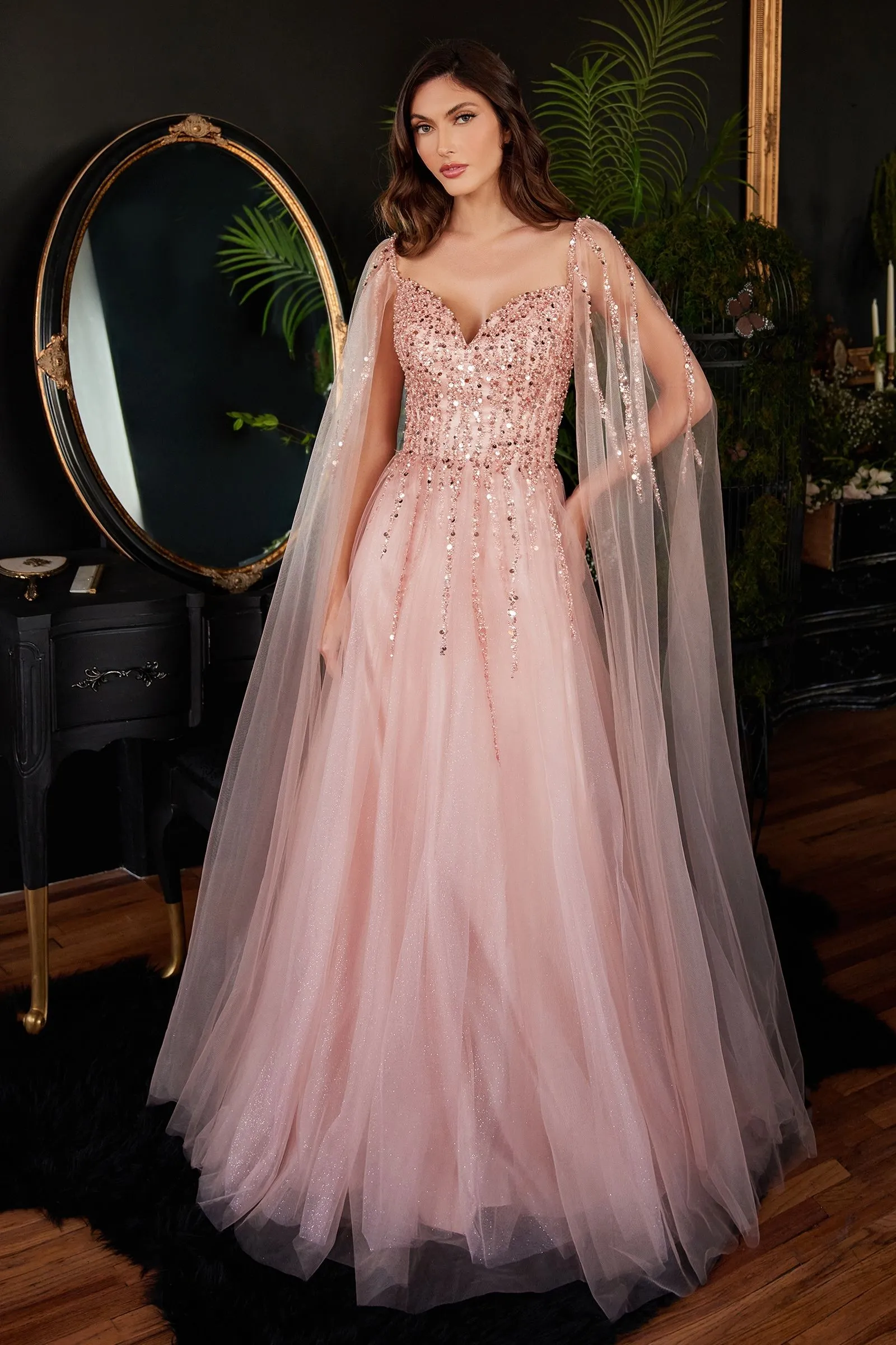 BEADED A-LINE WITH CAPE SLEEVES CDCD0204