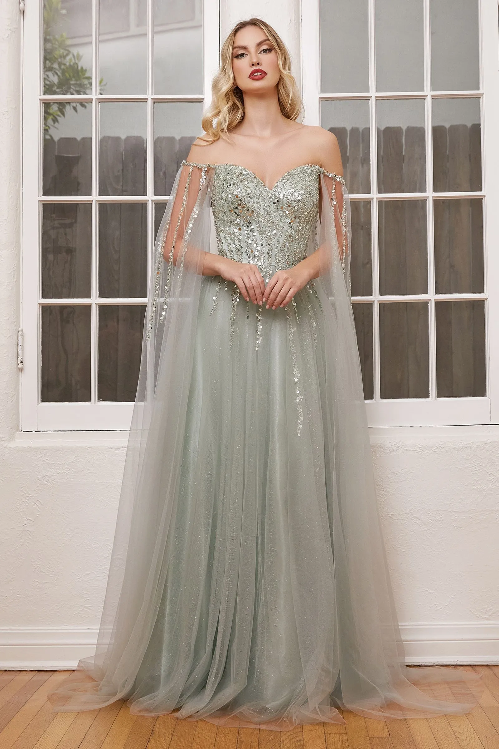 BEADED A-LINE WITH CAPE SLEEVES CDCD0204