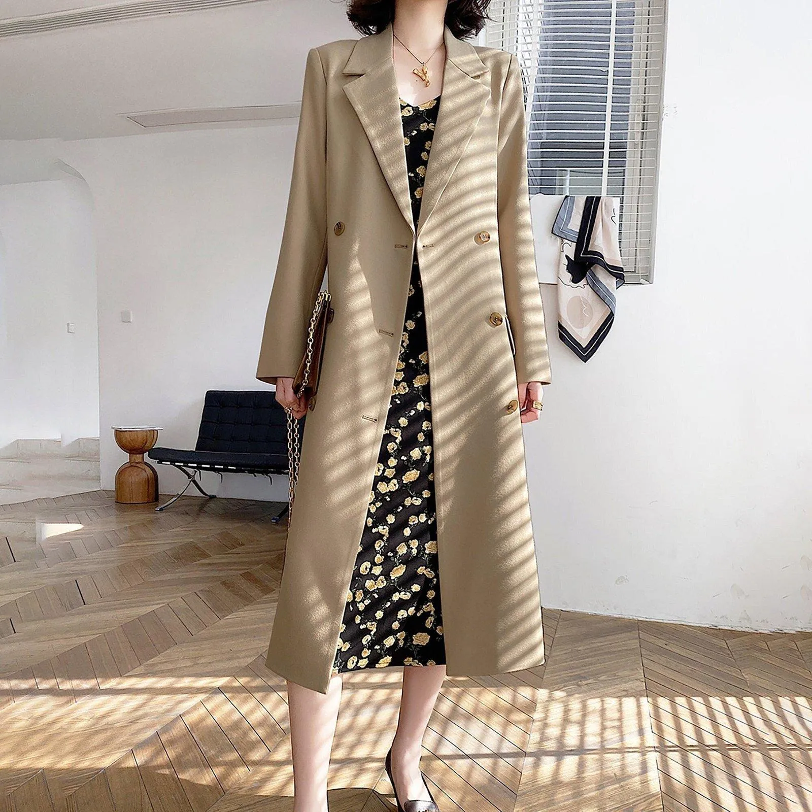 Beige Double Breasted Long Trench Coat