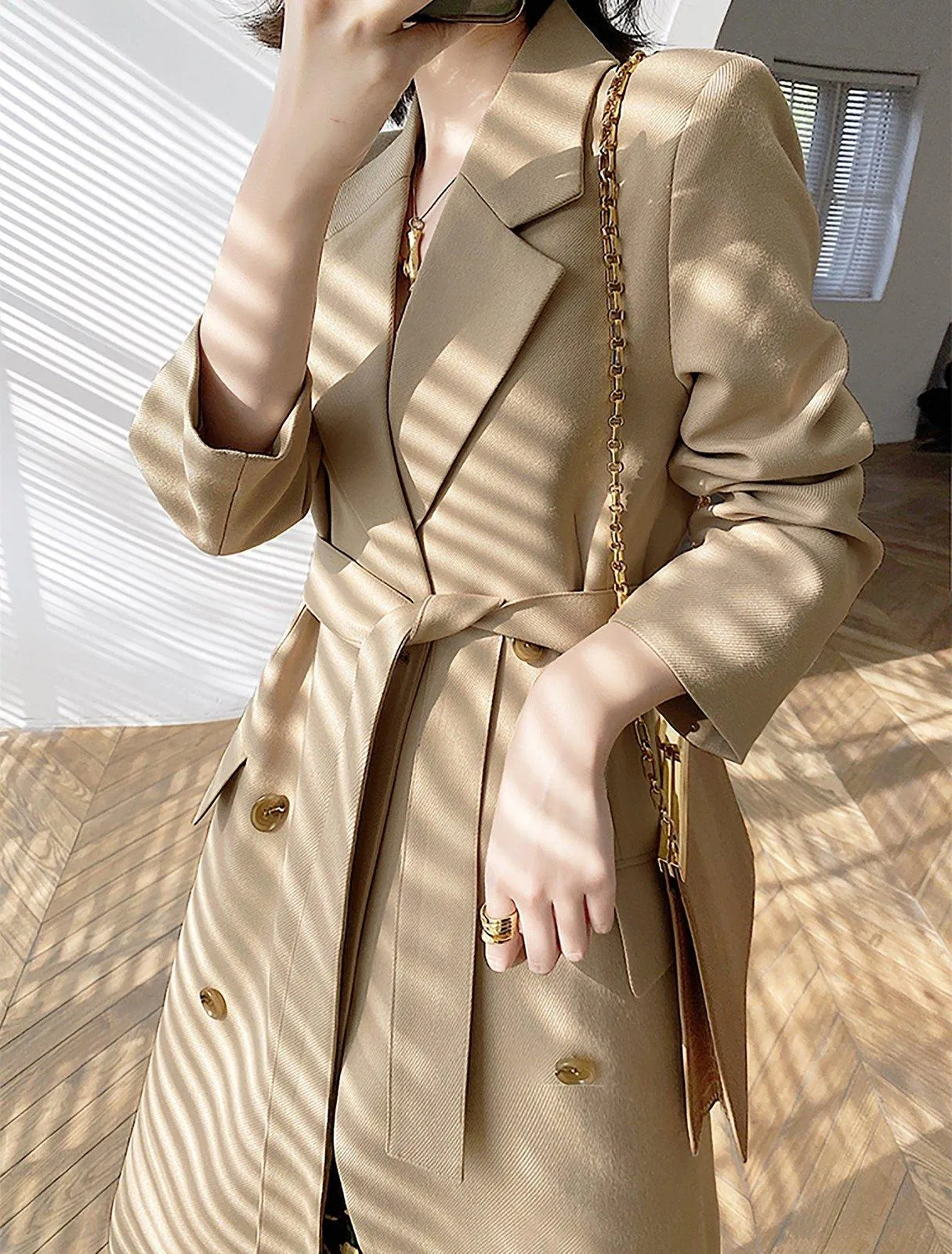Beige Double Breasted Long Trench Coat