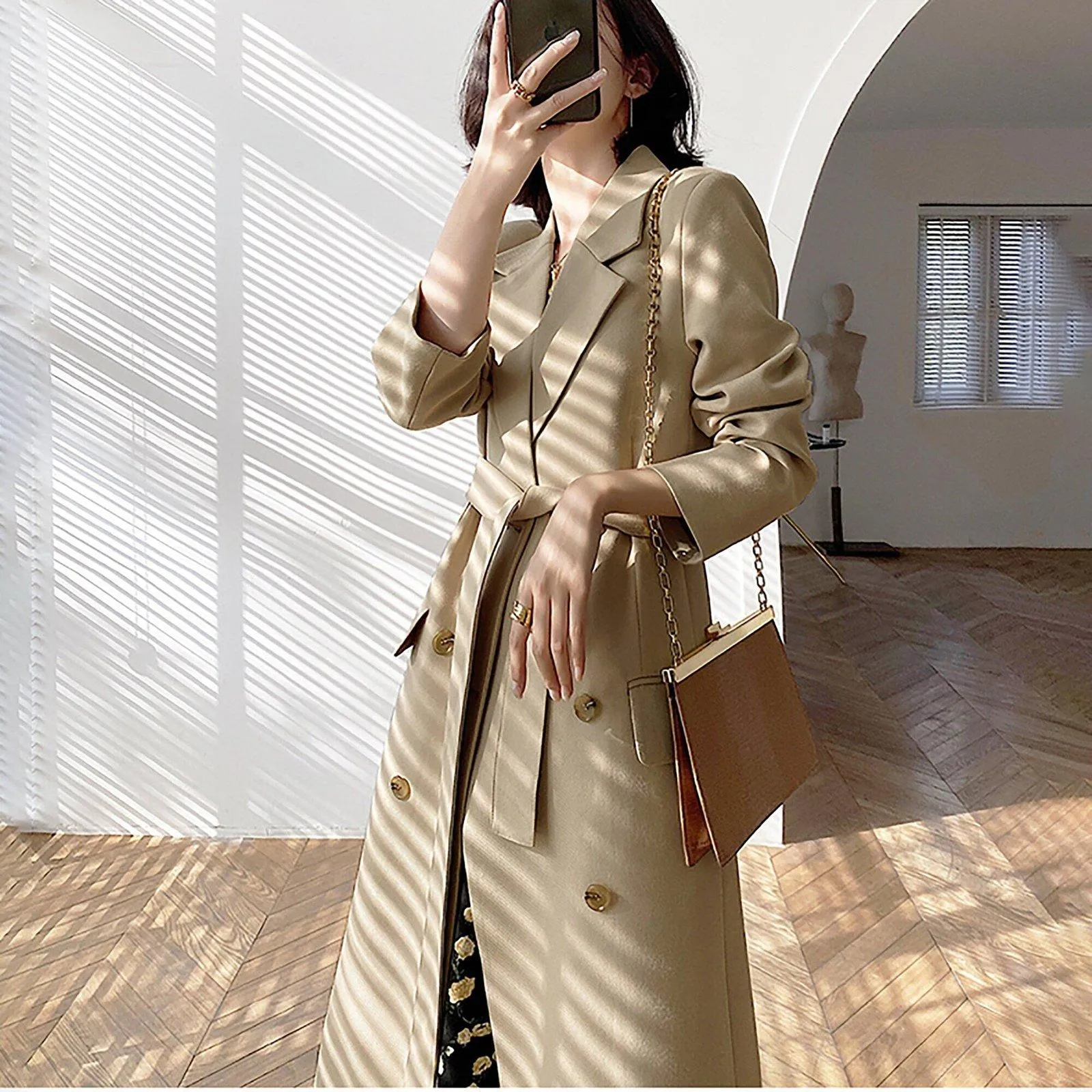 Beige Double Breasted Long Trench Coat