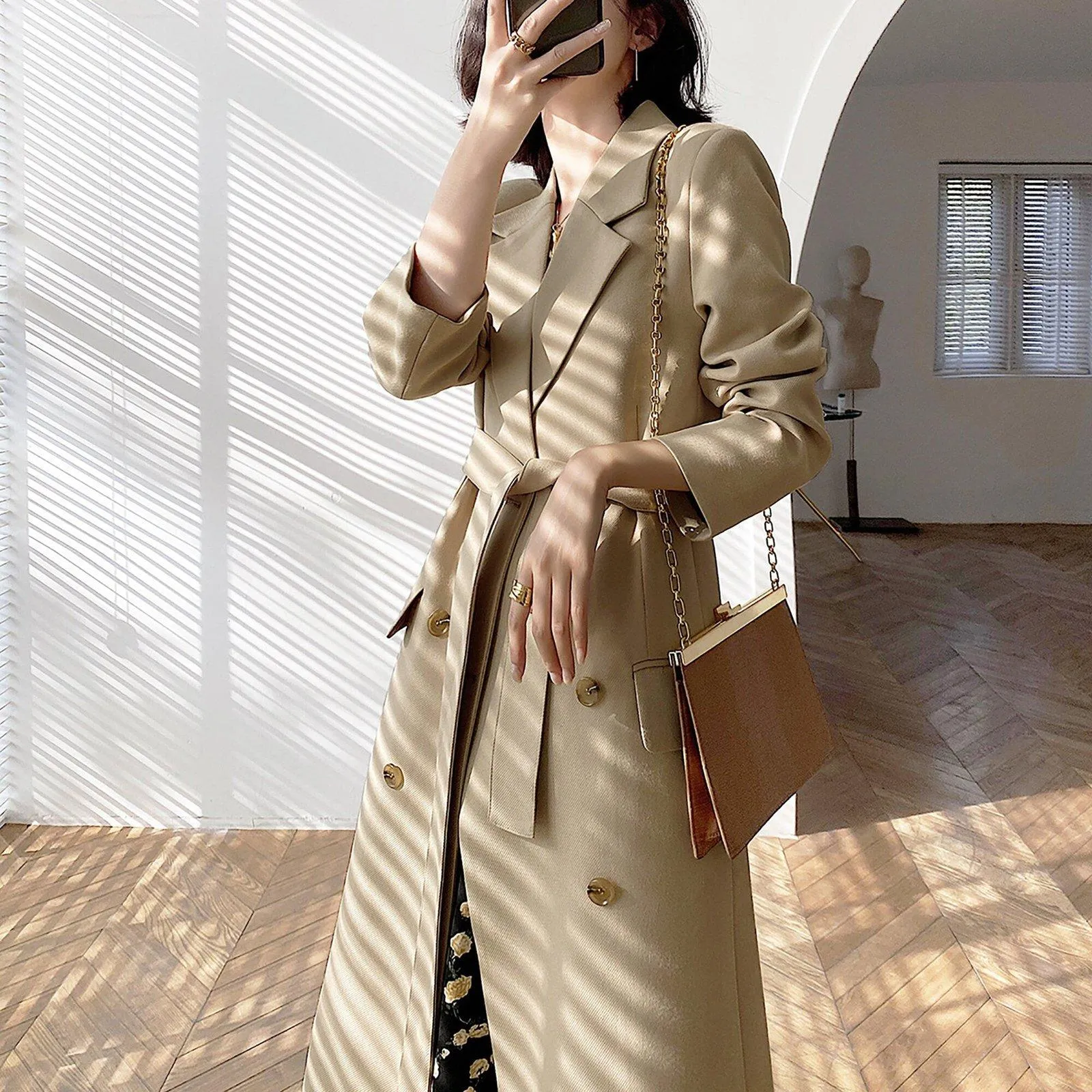 Beige Double Breasted Long Trench Coat