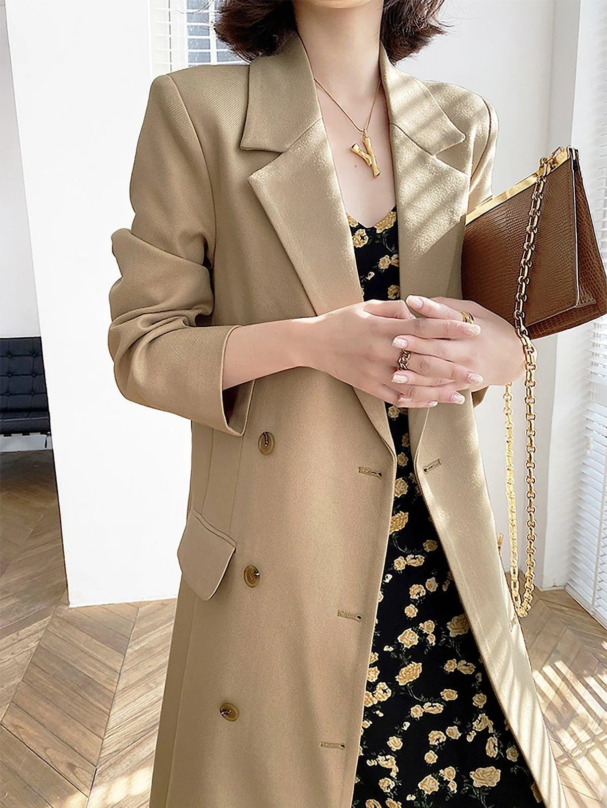 Beige Double Breasted Long Trench Coat