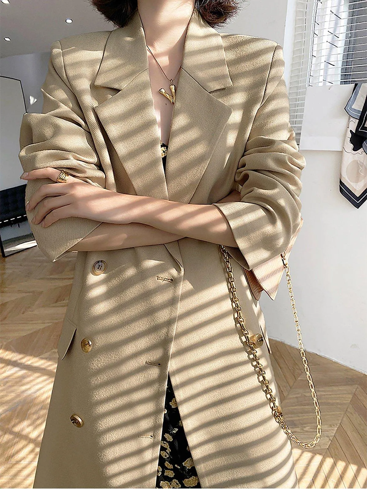 Beige Double Breasted Long Trench Coat