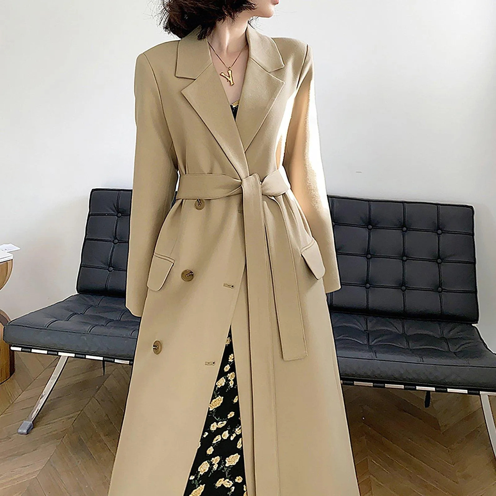 Beige Double Breasted Long Trench Coat