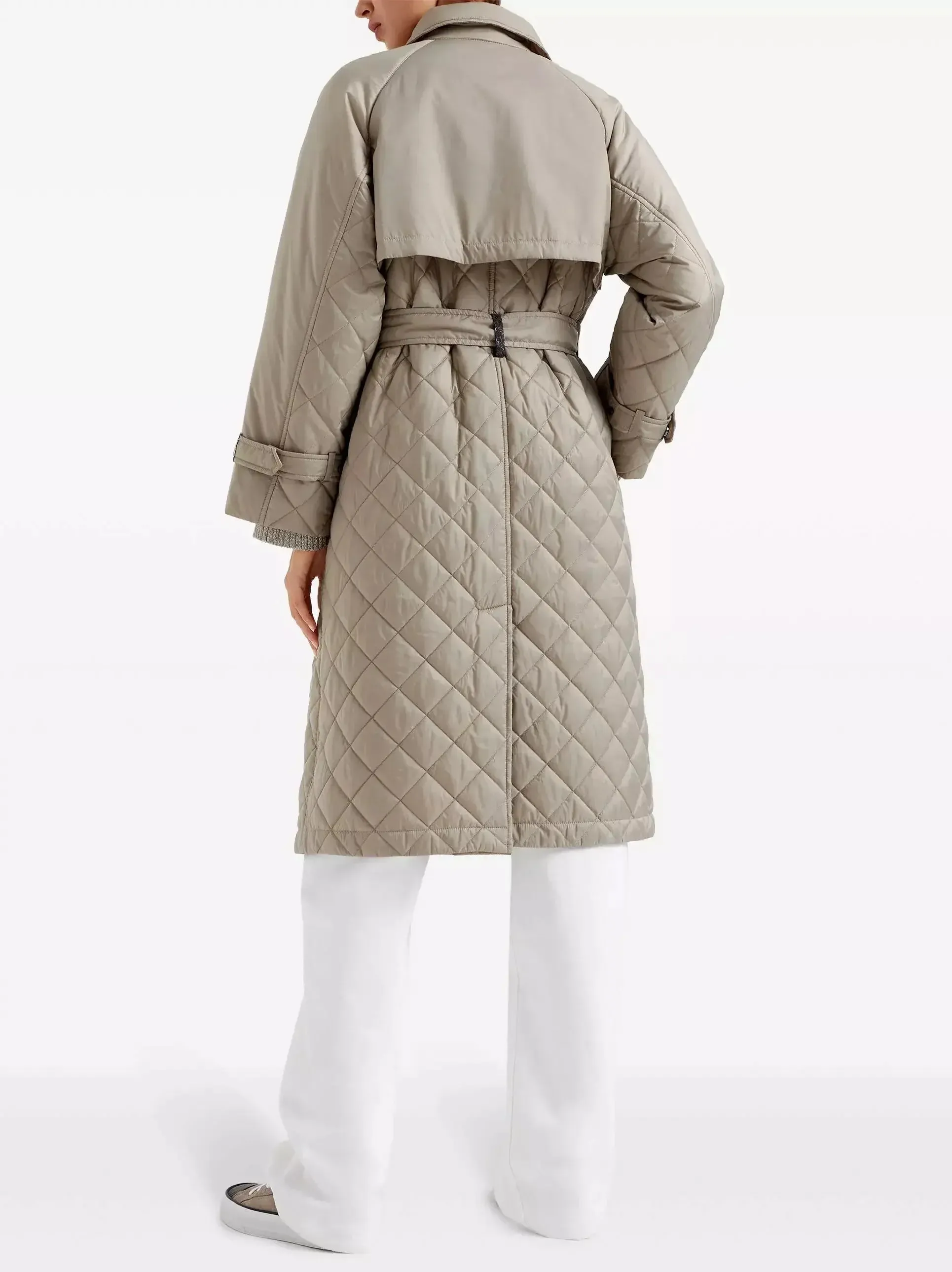 Belted Double-Breasted Quilted Trench Coat in Beige