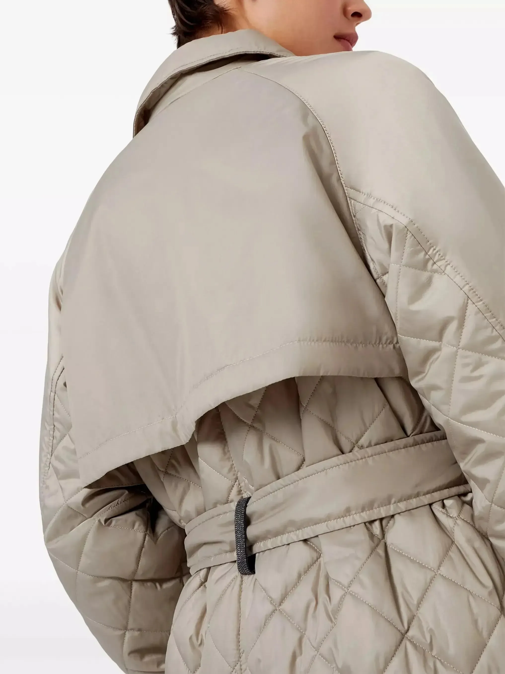 Belted Double-Breasted Quilted Trench Coat in Beige