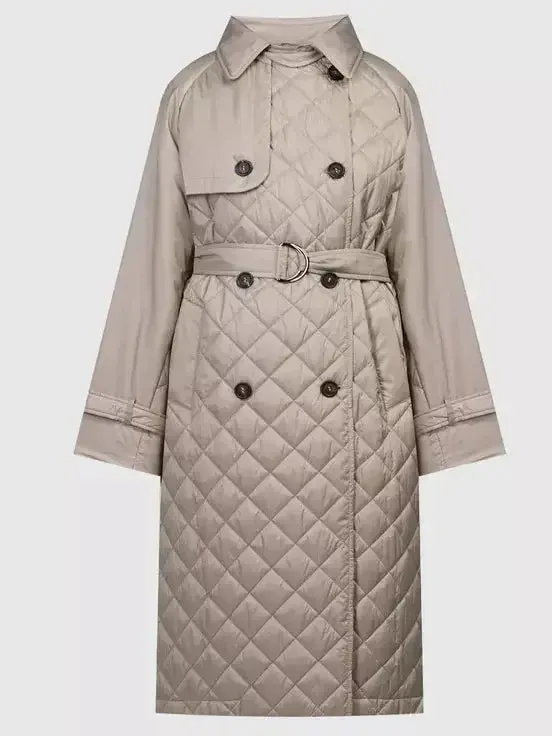 Belted Double-Breasted Quilted Trench Coat in Beige