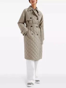 Belted Double-Breasted Quilted Trench Coat in Beige