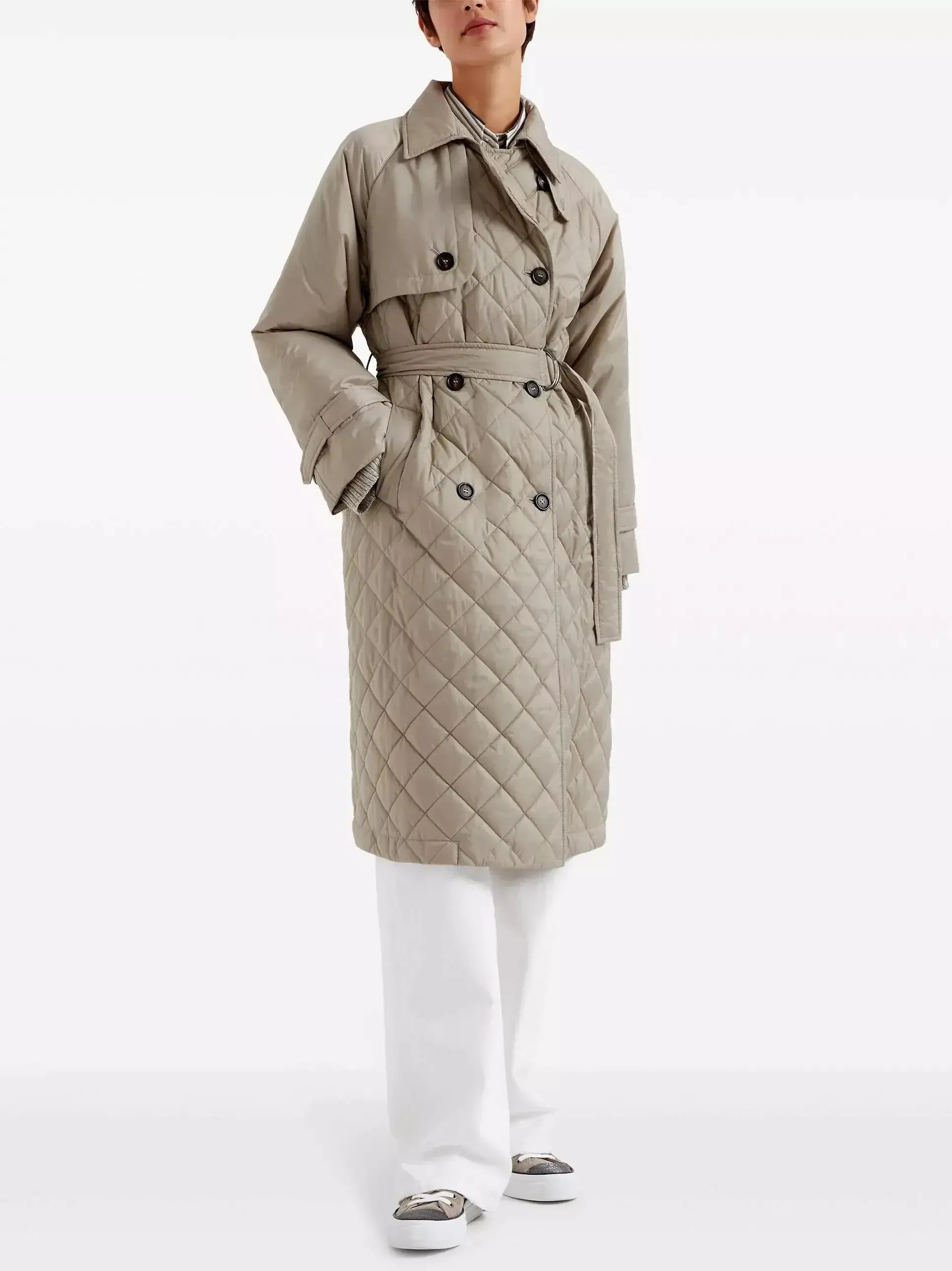 Belted Double-Breasted Quilted Trench Coat in Beige